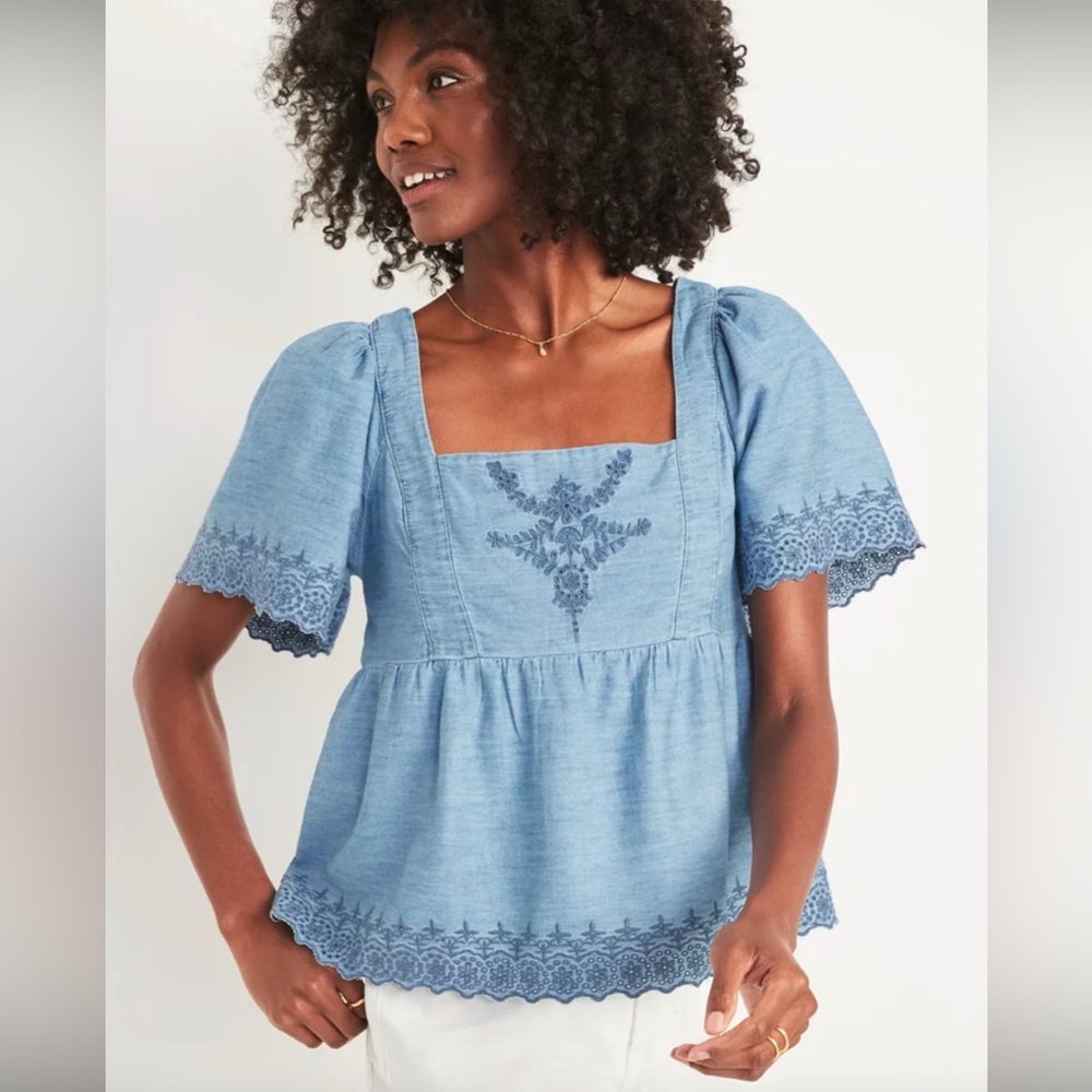 Blue Embroidered Square-Neck Puff Sleeve Top